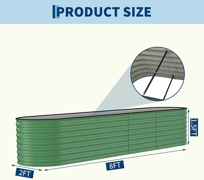 Garvee 6 Pack 8x2x1.5ft Galvanized Raised Garden Bed Kit, Oval Metal Planter Boxes with Anti-Cut Safety Edges, Rust-Resistant Deep Root Planters for Outdoor Vegetables, Flowers, Herbs, Green