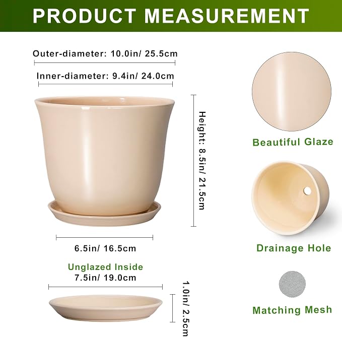 Ceramic Planter - 10 Inch Plant Pot for Indoor Outdoor, Round Flower Pots with Drainage Hole and Saucer, Large Plant Pot, Modern Planters, Home Office Room Decor, Gardening Gifts, Beige