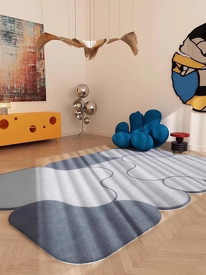 Faux Wool Thin Light Blue Grey Ombre Geometric Pattern Odd Shaped Area Rug 4x6 Non Slip Quick Dry Washable Bedroom Deco Rugs for Living Room Dining Room Home Office Dorm Playroom Floor Mats
