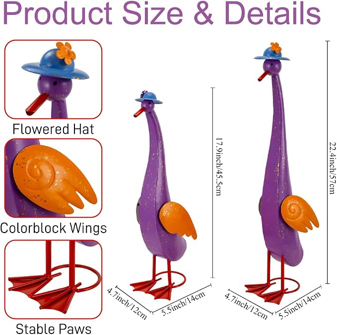 22" Duck Garden Statue Set of 2 Metal Ducks | Outdoor Yard Art Porch Animal Figurine Lawn Ornament Rustproof Yard Sculptures for Outside Patio Backyard Decorations
