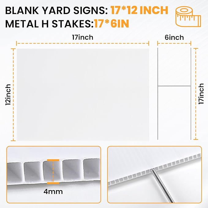 20 Pack Yard Signs with Metal Stakes, Custom Yard 17 x 12 Inches, Corrugated Plastic Board for Sale Sign Outdoor, Rent, Guidepost, Garage Sale Signs, Birthday Party