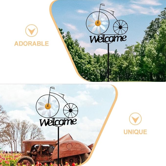 SUPVOX Metal Wind Spinner, Bicycle Wind Spinners Garden Metal Sunflower Stake with Welcome Sign Antique Bike Stake Decoration Outside Garden Decor for Patio Lawn