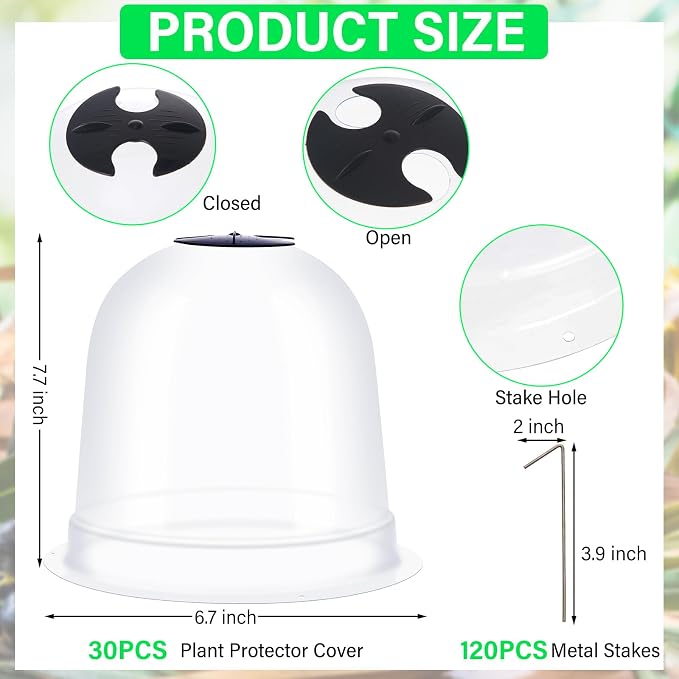 Zopeal 30 Pcs Plant Cloche Garden Plastic Humidity Dome Cover Small 7.68'' Dia x 6.7'' H Reusable Thick Protector Bell Clear Mini Greenhouses with 80 Securing Pegs for Outdoor Seed Frost Protection