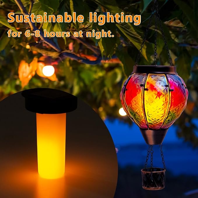 STARSOUL Solar Hot Air Balloon Lantern with Flickering Flame, Colorful Hanging Solar Lantern Outdoor Waterproof, Hot Air Balloon Solar Light Decorations for Garden Yard Lawn Porch Porch Backyard