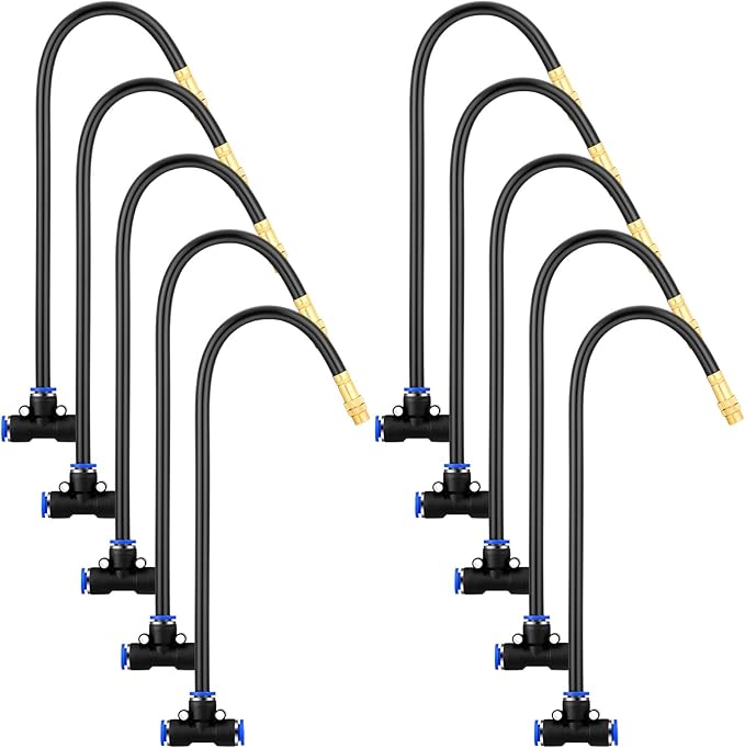 Zonon 10 Pcs Brass Misting Nozzles Tee with 12" Built in Hose for 0.32"/8 mm Tubing 360 Degree Rotation Adjustable Water Mister Nozzle Thread Sprayer Misting Part Accessories for Patio Outdoor Cooling