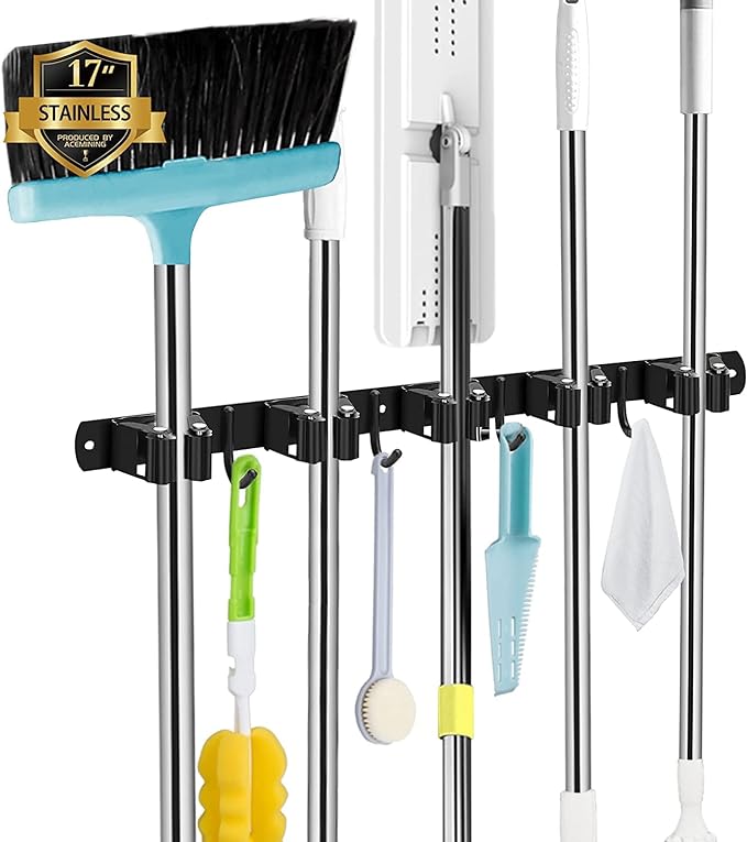 Black 5 Racks and 4 Hooks Mop and Broom Holder Wall Mount, Broom Organizer Storage Tool Racks Stainless Steel Heavy Duty Hooks Self Adhesive Solid Non-slip for Home Kitchen Garden Laundry Garage | Mop Holder Wall Mount and Broom Hanger for Garage, Laun...
