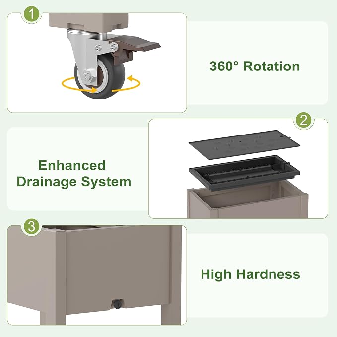 Elevated 26.3" Tall Raised Garden Bed with Wheels - Outdoor Mobile Resin Planter Box with Drainage Holes for Vegetables Flower Herbs, Weather Resistant, Medium Gray (26.3" h)
