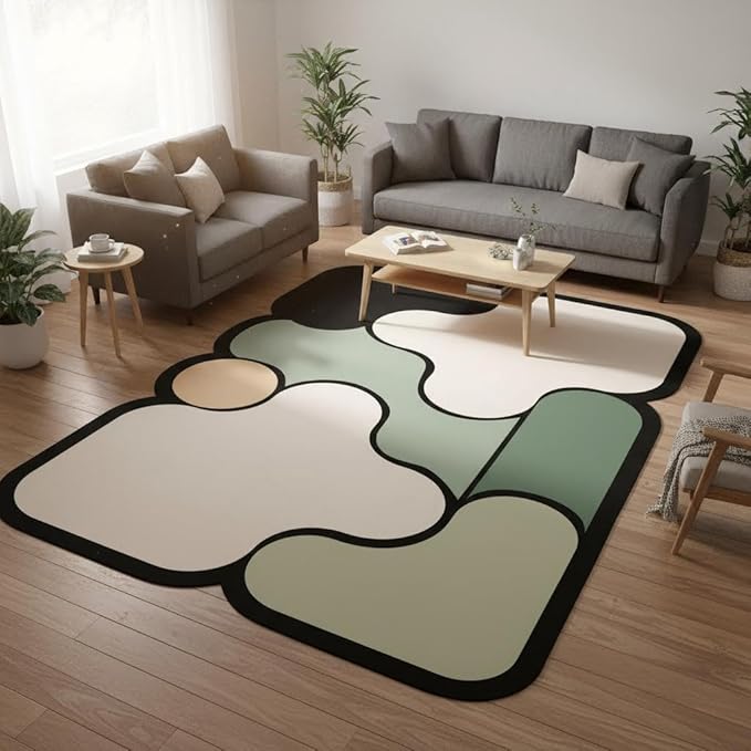 Modern Bedroom Irregular Area Rugs 5x7 Black Beige Green Geometric Pattern Odd Shaped Rug for Living Room Bedroom Nursery Farmhouse Dorm Home Office Carpets Washable Durable Thin Floor Mats