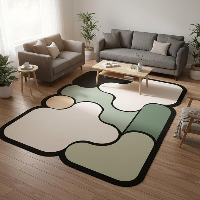 Modern Bedroom Irregular Area Rugs 6x9 Black Beige Green Geometric Pattern Odd Shaped Rug for Living Room Bedroom Nursery Farmhouse Dorm Home Office Carpets Washable Durable Thin Floor Mats