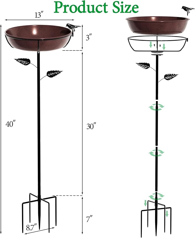 3" Deep Metal Bird Bath for Outdoors 40in Tall, Removable 13" Dia Birdbath Bowl with Stable Stake, Vintage Birdbaths and Bird Feeders for Outside Garden Yard Patio Lawn Decor(Antique Bronze)