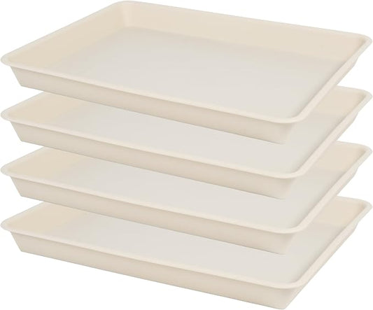 VUWEZ 4 Pack Plant Saucer Tray Rectangular, Plant Saucers for Indoors, Heavy Sturdy Plastic Plant Drainage Trays, Plant Drip Trays for Pots, Seed Starter Growing Tray (11 x 9 inch, Beige)