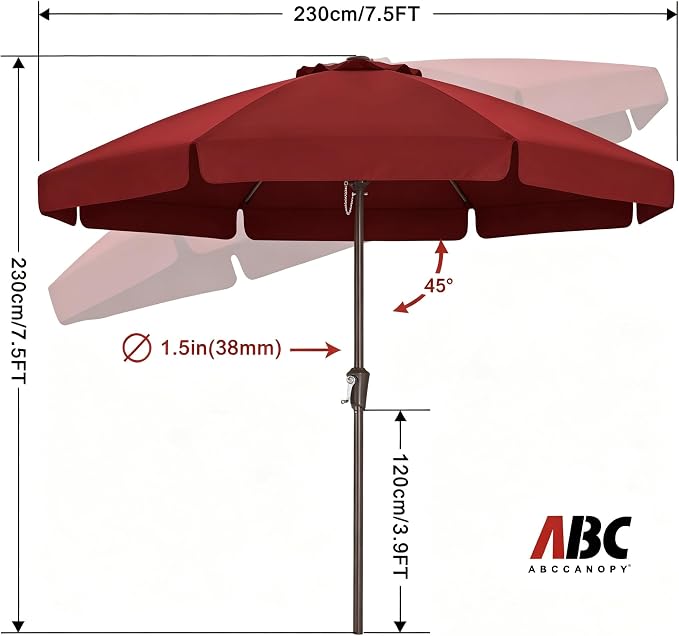 ABCCANOPY 7.5ft Scalloped Patio Umbrella, Outdoor Table Umbrella with Tilt and Crank, Fiberglass Ribs Deck Umbrella for Patio, Pool, Garden, Picnic (Burgundy)