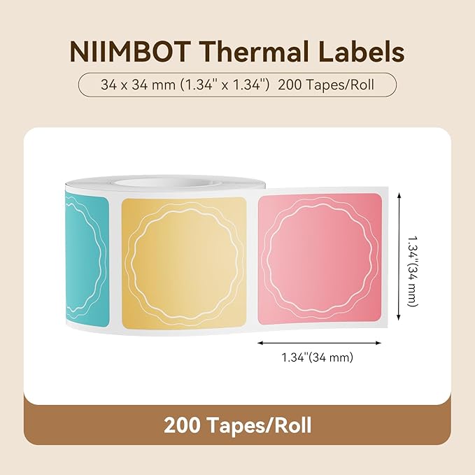 NIIMBOT Labels for B1/B21/B31 Label Maker, 34 x 34 mm (1.34'' x 1.34'') 200 Labels/Roll, Thermal Label Tape for Home Office Small Business Labeling Tape Replacement(Colorful)