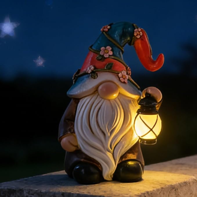 Suyorpe Garden Gnomes Statues with Solar LED Light - Mini 4.9 inch Gnome Sculptures for Porch Balcony Patio Yard Lawn Balcony Home Decor Mother's Day Birthday Gifts for Women