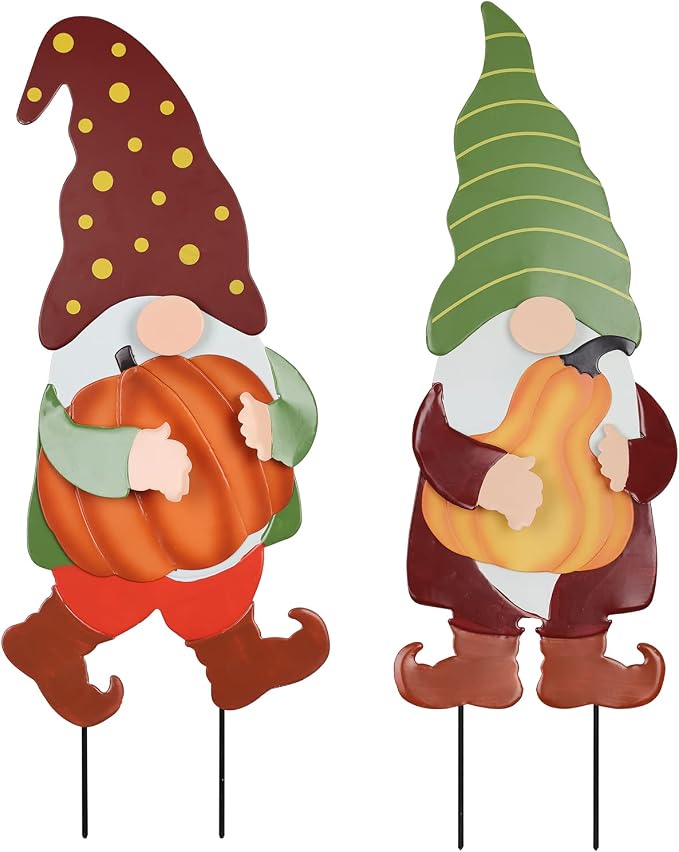 Fall Decorations for Home Outdoor, 2 Pack 25" Decorative Garden Stakes with Gnomes Pumpkin for Fall Decor, Metal Yard Signs for Outside Garden Lawn Porch Patio Thanksgiving Decorations