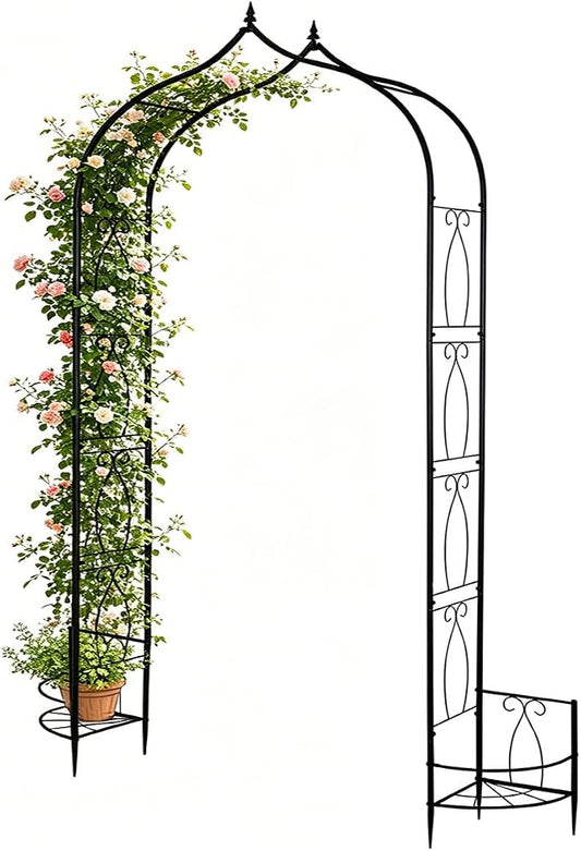 Metal Garden Arbors 8Ft Thickened Arch Trellis for Climbing Plants | Outdoor Arbor with Planter Box Rustproof Trellises Grapes Rose Wedding Arched Entrance Backdrop Stand Party Event Decoration