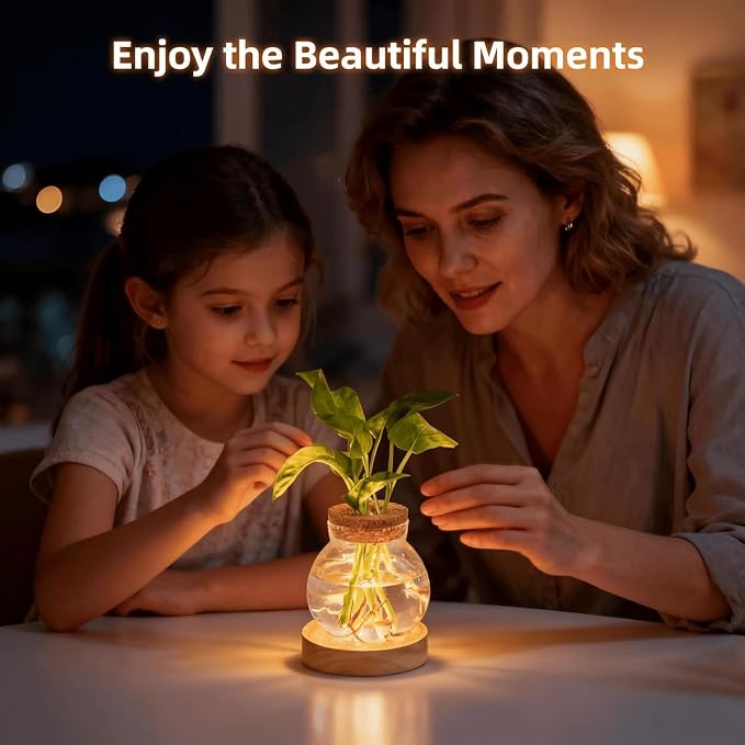 Plant Propagation Station with Light,Everkeen Glass Terrarium with Stepless Dimming Function Hydroponic Glass Container Vase Jars Gardening Gifts for Mom Women Plant Lovers 4 Pack