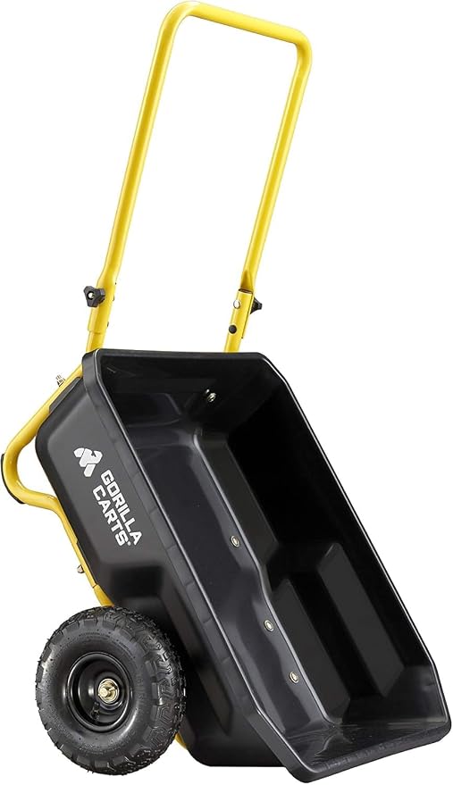 Gorilla Carts GCR-4 Poly Dump Cart, 2-Wheel Garden Wagon with Foldable Handle, 4 cu ft, 300 lb. Capacity, Black/Yellow