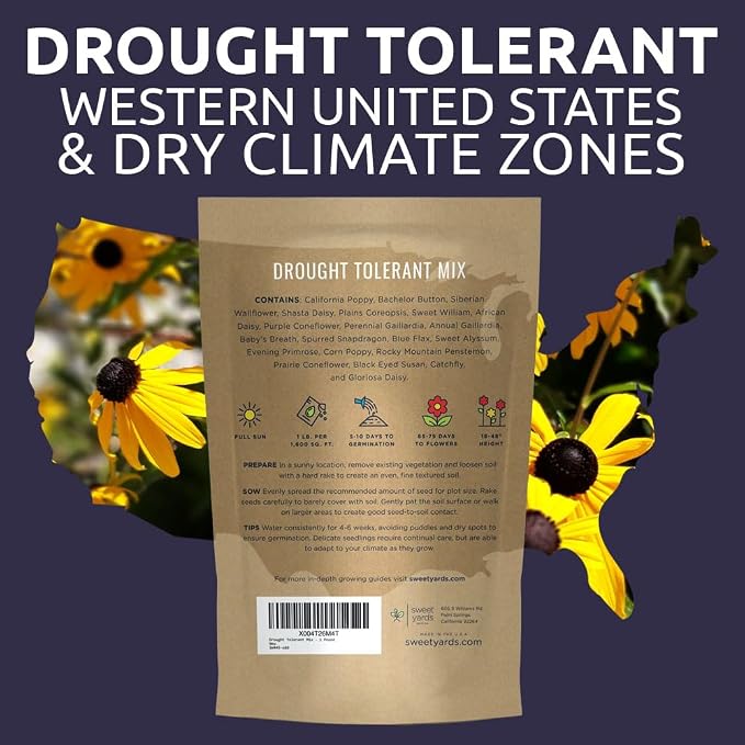 Drought Tolerant Wildflowers Mix – Bulk 1 Pound Bag – Over 120,000 Open Pollinated Non-GMO Seeds – 21 Different Dryland Species
