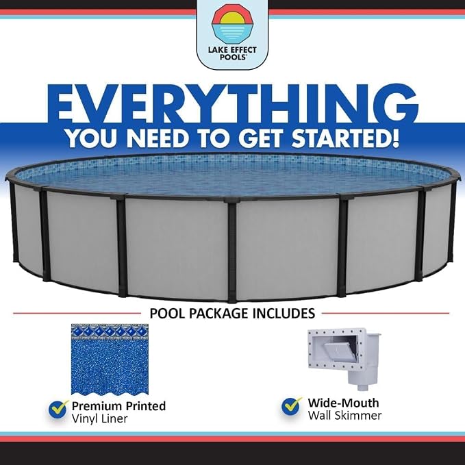 Lake Effect Pools 'Fiji' 18 ft Round Above Ground Swimming Pool | 52 Inch Resin Protected Steel Sided Walls | Bundle Includes: 25 Gauge Unibead Liner & Widemouth Skimmer
