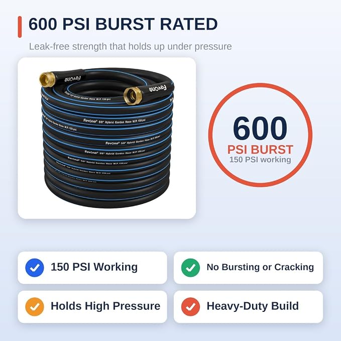 FEVONE Kink Free Garden Hose 75 ft, Heavy Duty Water Hose | Flexible Lightweight, Hybrid Polymer, 5/8 ID, 600 PSI, Leak-Proof, Solid Brass 3/4 GHT Fittings for Garden Watering