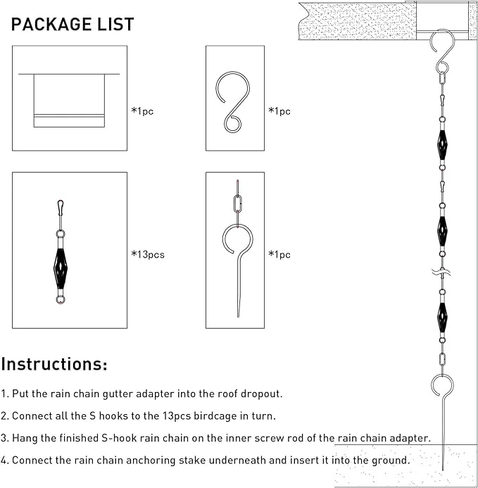 Rain Chain Bird Cage Set 8.5Ft, Not Rust Wrought Iron Rain Chains for Gutters with Adapter Gotta Drain and Sturdy Anchoring Stake,13 Cups, 1 Hook, Adjustable Length for Garden Decorative (Coffee)