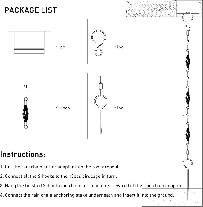 Rain Chain Bird Cage Set 8.5Ft, Not Rust Wrought Iron Rain Chains for Gutters with Adapter Gotta Drain and Rain Sturdy Anchoring Stake,13 Birdcage, 1 Hook, Adjustable Length for Garden (Gold)