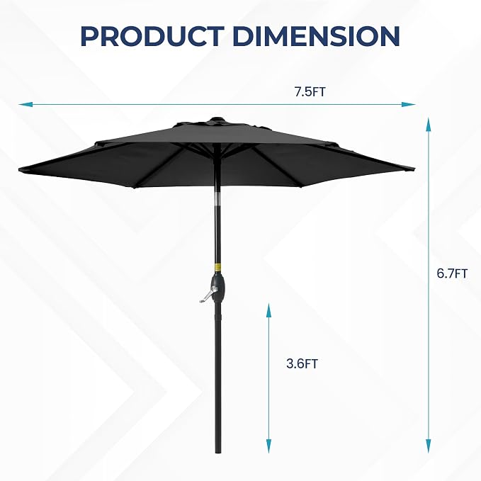 Wisteria Lane Outdoor Patio Umbrella, 7.5' Patio Umbrella, Market Umbrella, Large Outdoor Umbrella, Metal Pole Umbrella with Push Button Tilt and Crank, Polyester Canopy