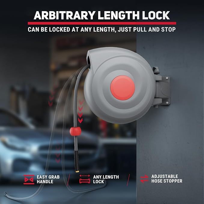 Retractable Air Hose Reel, 3/8" x 65ft Air Hose with Air Blow Gun, Adjustable Length Lock, 180° Rotating Wall Mount Air Tool for Garage and Workshop