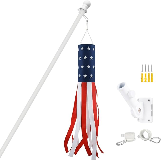 Windsocks Kit for Outside House, 4th of July Decorations US Flag 40 Inch Wind Socks with 6FT Stainless Steel Flagpole with Flag Holder and Rings (White)