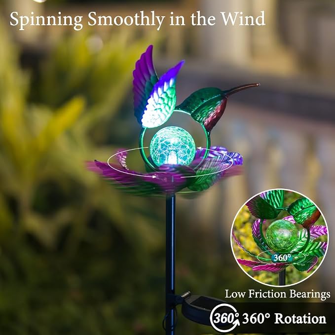Solar Wind Spinners Outdoor,Green Hummingbird Garden Wind Spinner for Yard Art Lights,Waterproof LED Cracked Glass Ball Pinwheel for Outdoor Yard Lawn Patio Decorations