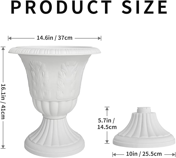 Set of 2 Goblet-Shaped Plastic Planter Urns, White, Diameter 14.6" Large | OUMUHE elegant plastic flower pots with secure buckle base & porous drainage for outdoor porch plants, 16" H × 14.5" D