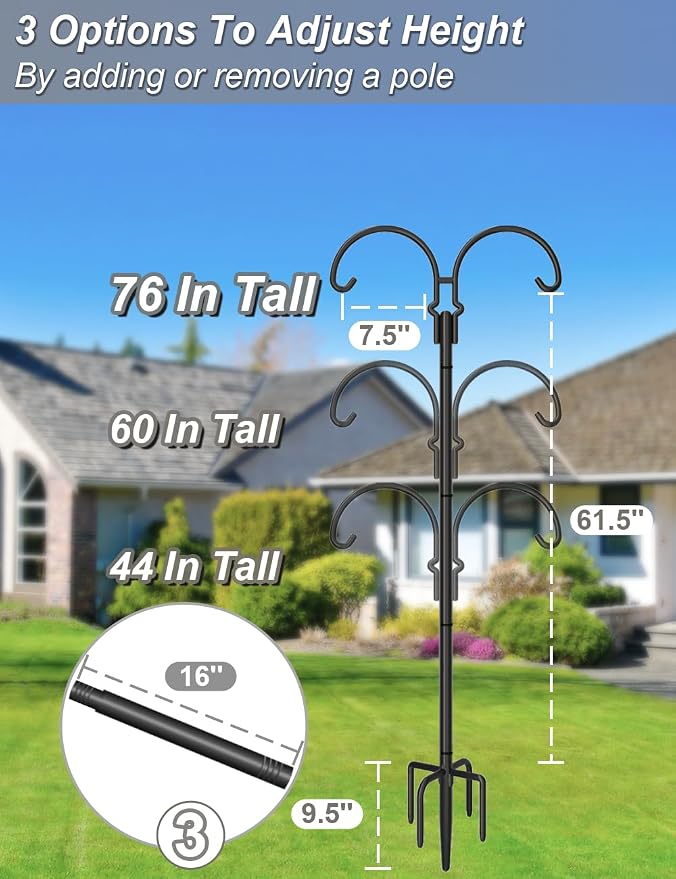Outdoor Double Shepherds Hook with 5 Prong Base, 76 Inch Adjustable Heavy Duty Two Sided Bird Feeder Pole Stand for Hanging Plant Baskets, Solar Light Lanterns, Hummingbird Feeder, 1 Pack