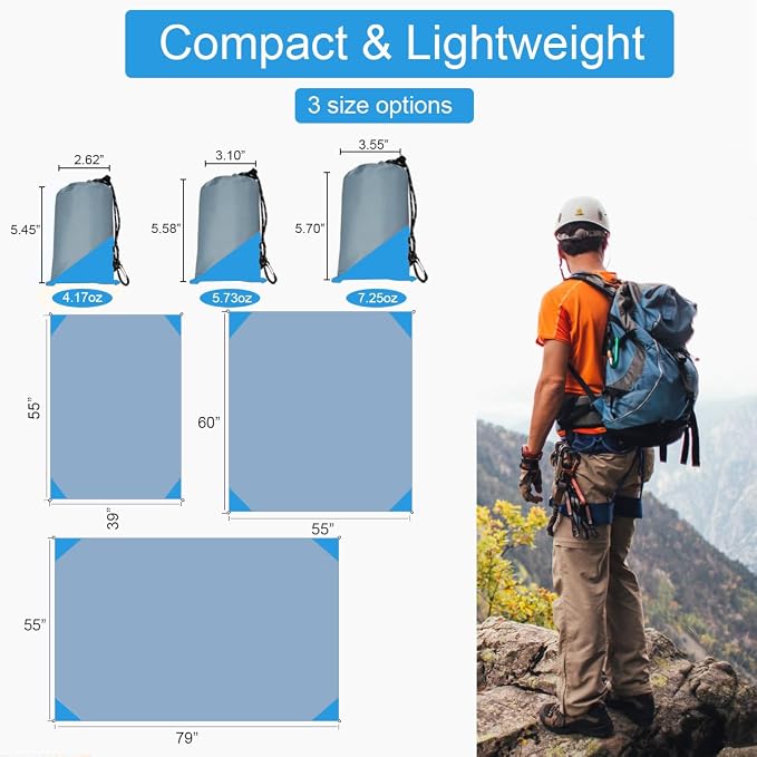 Orga'Neat Pocket Picnic Blanket, Beach Mat Waterproof Sandproof, Compact Lightweight Small Tarp for Camping, Hiking, Backpacking, Festival, Travel, Foldable in Bags (Grey/Blue, 55"x79")