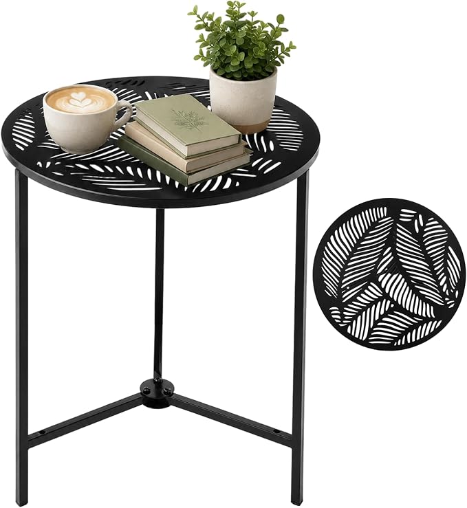 Extra-large Metal Side Table 17.7 Inches Heavy-duty Outdoor Patio Garden End Table Round Accent Corner Stand for Small Space Weather-resistant Coffee Table for Balcony Porch Plant Stand, Tropical Leaf