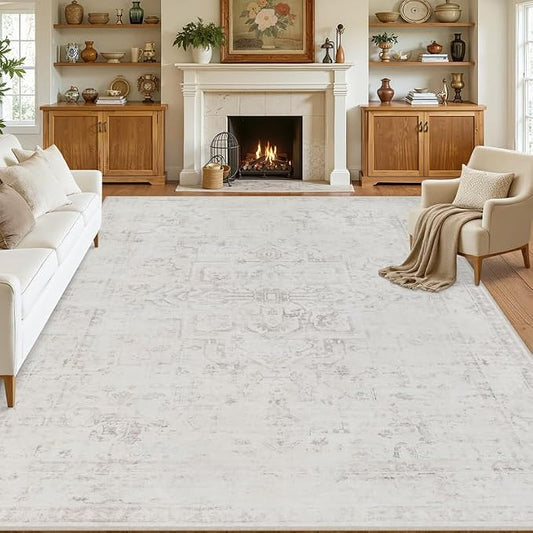 8x10 Area Rugs Living Room: Bedroom Washable Carpet Neutral Cream | Large Vintage Boho Indoor Decor Carpets Soft Nursery Farmhouse Dining Room Office Floor Non-Slip Low Pile Under Table Rug