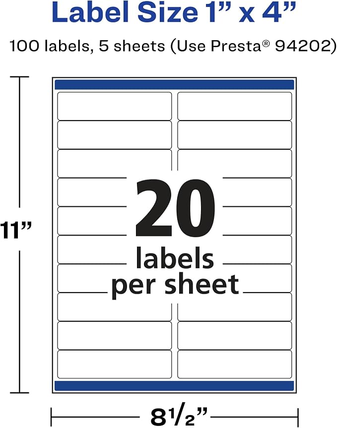 Avery Printable Durable White Rectangle Labels, Sure Feed Technology, 1" x 4", Waterproof Labels, Laser & Pigment-Based Inkjet Compatible, 100 Total, Great for Product Branding, Marketing, and More