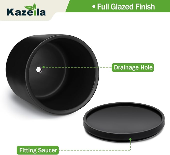 Kazeila 12 Inch Ceramic Planter Pot with Drainage Hole & Tray, Large Indoor Plant Pots, Modern Cylinder Flower Pot, Includes Mesh Net, Plug, Pads & 500g Clay Pebbles (Black, 12 Inch)