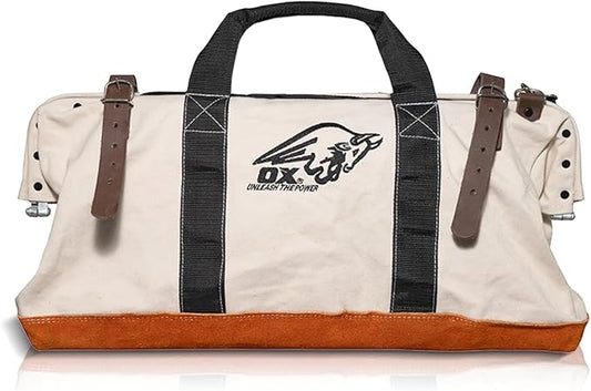 OX Tools Large Canvas Tool Bag 24 Inch Wide with Heavy Duty Masonry Tool Bag Straps and Reinforced Frame with Suede Leather Bottom for Construction Workers OX-P262924