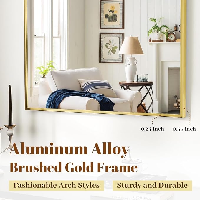 Wide Arched Wall Mirror, 31 x 32 inch Arch Bathroom Mirror Gold | Wall Mounted Bathroom Vanity Mirror with Arch Metal Frame, Modern Room Decor for Bedroom, Entryway, Hanging or Leaning