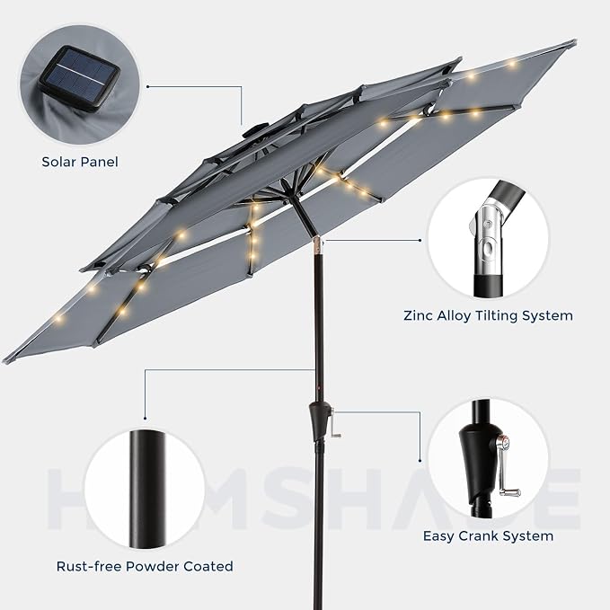 HOMSHADE 3-Tier Patio Umbrella with Solar Lights(Grey,No Base) | 5-Year Fade Resistant;32 LED Lights;Windproof;8 Thicker Ribs;UPF50+;Pool Garden Deck