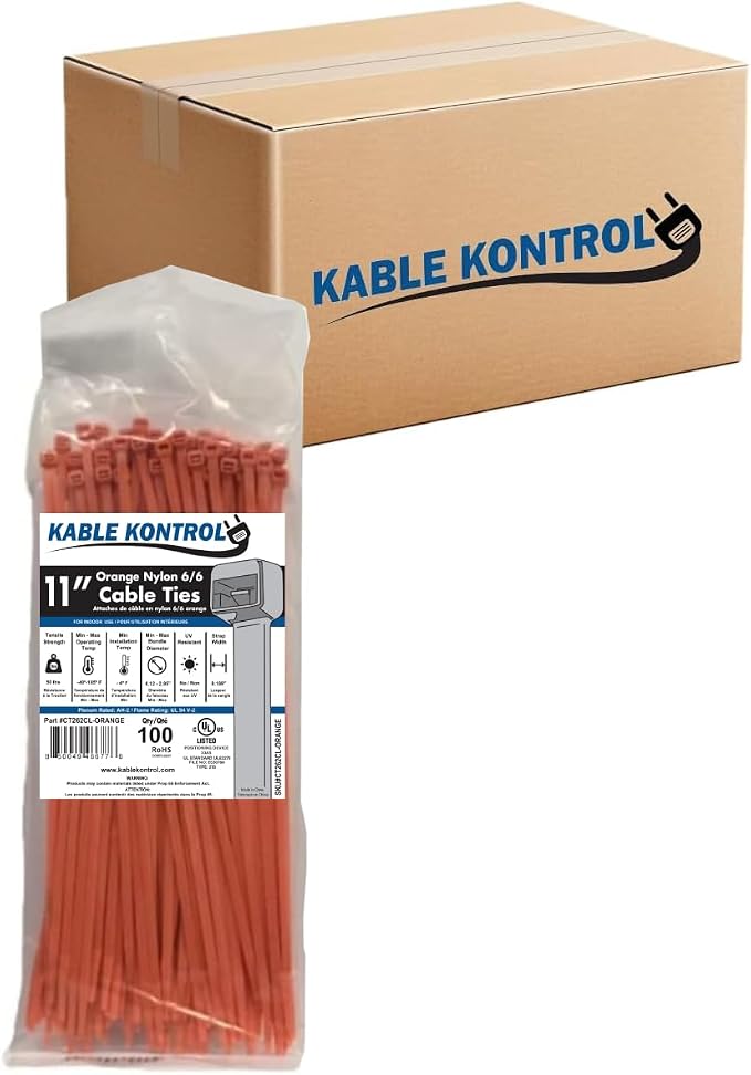 Kable Kontrol Orange Zip Ties 11 Inch 8,500 Pcs, 50 Lbs Tensile Strength, Bulk Pack, Self-locking Nylon Colored Cable Ties Wire Wraps for Indoor or Outdoor Use
