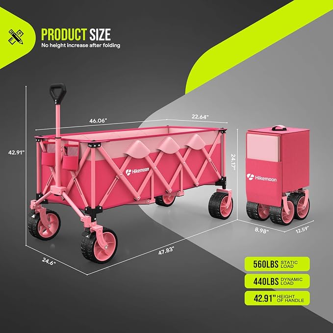 Hikemoon 300L Extra Large Wagons Carts Foldable, 560LBS Heavy Duty Collapsible Beach Wagon 48" Long with Big All-Terrain Wheels, Utility Folding Cart for Camping, Sports, Garden, Pink