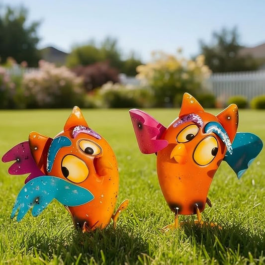 Natelf Bird Garden Decor Outdoor Statues Yard Art Set of 2 | Metal Figurines, Wacky Funny Design, Gifts for Grandma Mom Women