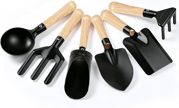 6PCS Black Kids Gardening Tools- Metal Head & Wood Handle- 8" Long Mini Rake & Shovel, Spoon & Fork- Funny Outdoor Play for Garden, Yard, Beach, Sand Box- Montessori Toys for Learning Plant, Digging