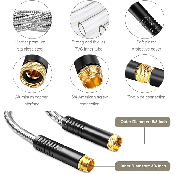 Omont Metal Garden Hose 100FT, Stainless Steel Water Hose with Nozzle, Flexible, Lightweight, Puncture Proof, Never Kink & Tangle, Heavy Duty Garden Hose for Yard and Outdoor