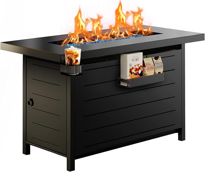 Ciays 43″ Fire Pit Table with Glass Beads & Lid, CSA-Certified Gas Fire Pit with Cup Holders, Hanging Shelf & Nylon Cover, Large Outdoor Fire Pit for Patio/Porch/Deck, 60,000 BTU Heat Output, CIFPT9B