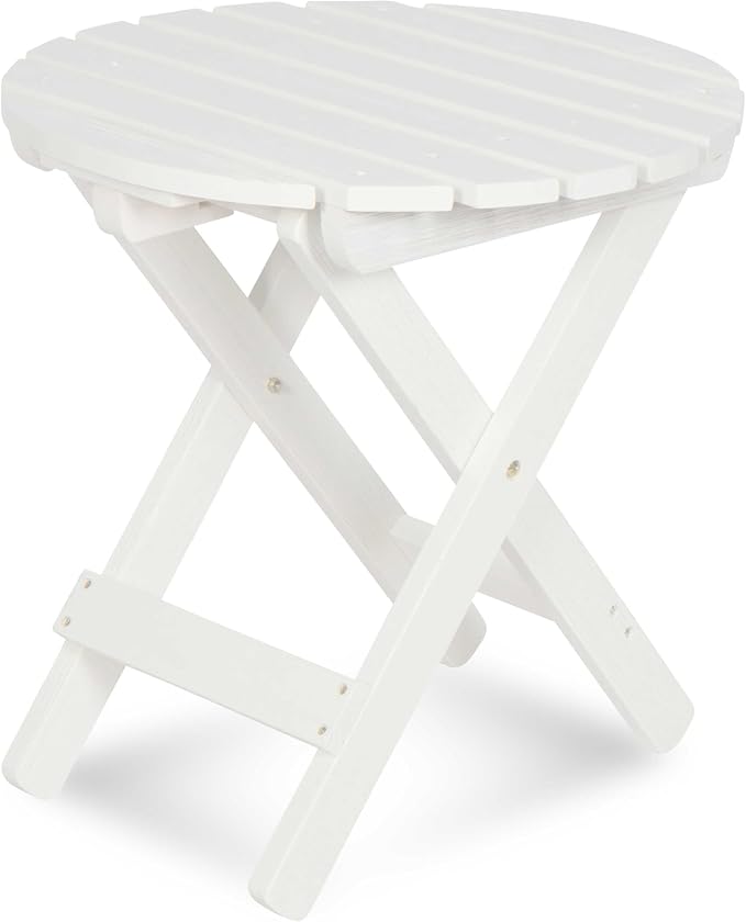 Shine Company Round Wooden Folding Solid Wood Side Table, Outdoor Adirondack Small Patio Table, Eggshell White