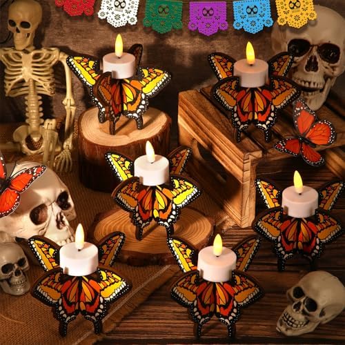 6 Pcs Lemonroad Day of the Dead Wooden Butterfly Candleholder Tabletop - Image 4