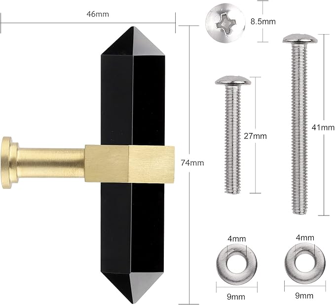 mookaitedecor Set of 2 Black Obsidian Double Crystal Points Drawer Knobs with Screws, Decorative Stone Cabinet Handle Pulls for Dresser Cupboard Kitchen Decor, Brushed Brass